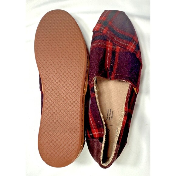 TOMS ALPARGATA LEATHER WRAP BARN RED PLAID SHEARLING LINED SHOES W10 - Picture 7 of 9